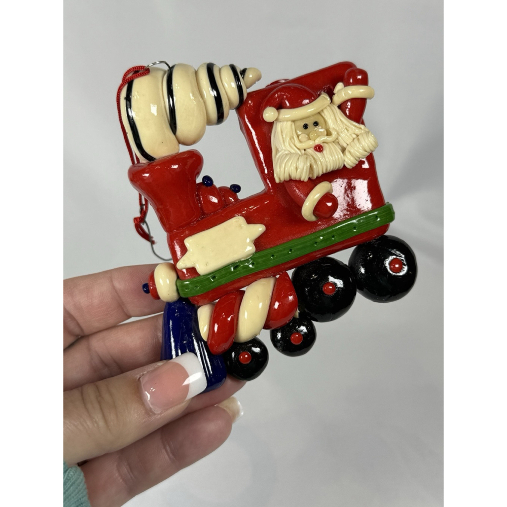 Santa Claus Driving A Train Polymer Clay Dough Christmas Ornament 4”